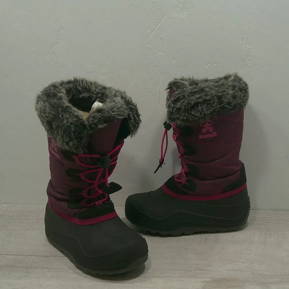 Kamik Waterproof Black Magenta Pink Faux Fur Top Lined Winter Snow Boots Size 1